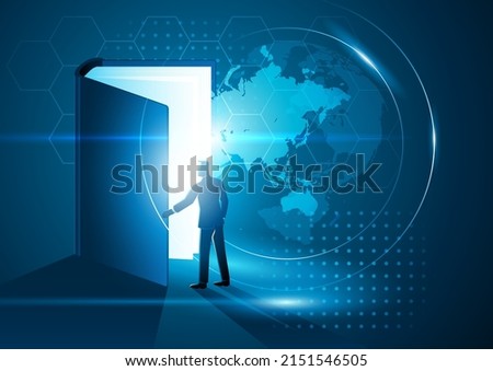 Vector illustration of a man opening a giant book with futuristic background, education, knowledge concept