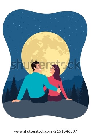 Simple flat vector illustration of couple sitting on the edge of the cliff during the full moon