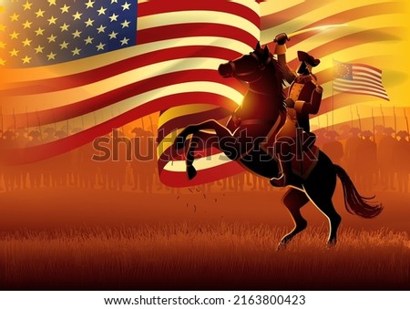 Vector illustration of a general leading his army on battlefield in the American revolutionary war with USA flag as the background