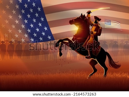 Vector illustration of a general leading his army on battlefield in the American revolutionary war with USA flag as the background