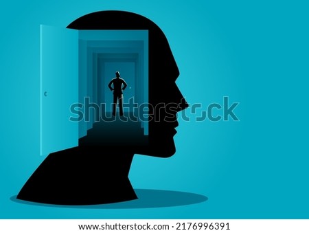 Man goes deeper inside of human mind through multiple doors, understand the human mind, man psychology, vector illustration
