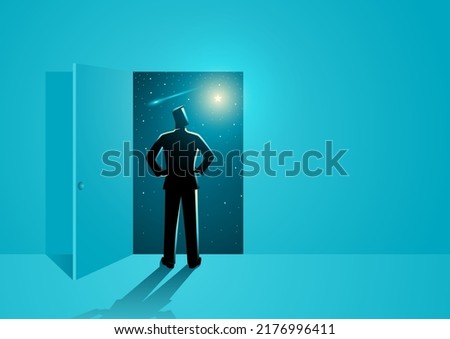 A man looking through the open door to see the vastness of outer space, imagination, to the unknown, open the knowledge, vector illustration