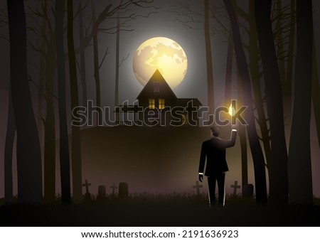 Man with a torch gets lost in mysterious horror forest and finds a scary hut, Halloween theme, vector illustration