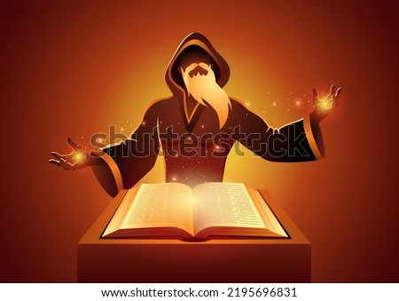 Wizard casts his magic by reading a spell book, vector illustration