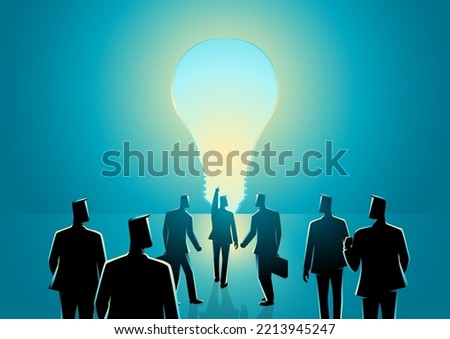 Leader leads his men toward bulb shape door, opportunity, innnovation, success concept