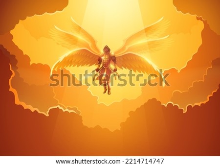 Fantasy art illustration of the Archangel with six wings holding a sword in the open sky