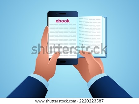 Mans hand holding a smartphone reading ebook, electronic book, digital technology, vector illustration