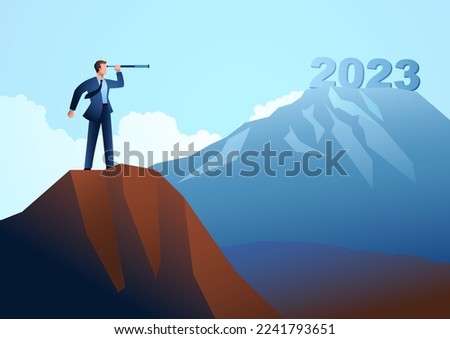 Businessman looking at the fuzziness of the year 2023 through telescope, forecast, prediction in business, vector illustration