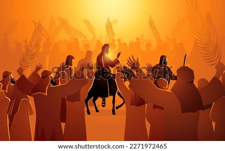 Biblical vector illustration series, Jesus comes to Jerusalem as King, Palm Sundays feast day