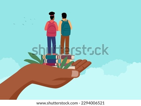 Simple flat cartoon illustration of a black hand holding two afro children standing on books with school backpack. Provide education, parent responsibility concept