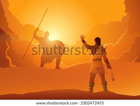 Biblical vector illustration of David and Goliath ready for a duel in dramatic scene