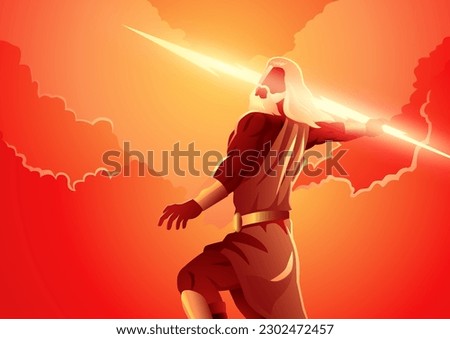 Greek god and goddess vector illustration series, Zeus, the Father of Gods and men standing on mountain Olympus throwing his lighting bolt