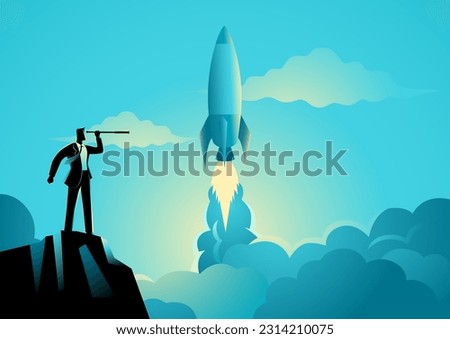 Vector illustration of a businessman with a telescope looking at a rocket launch, concept for start-up business, new product on a market