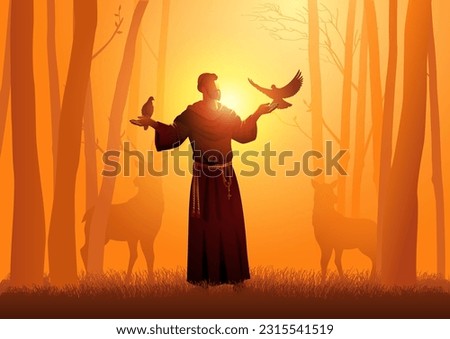 Religion vector illustration series, Saint Francis of Assisi with animals in the woods