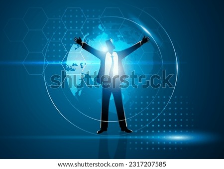 Vector illustration of a businessman standing with open arms on futuristic background, future technology, conquering the world, knowledge concept