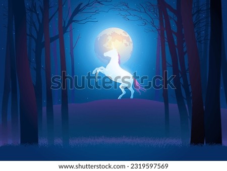 Beautiful scenery of a unicorn during full moon in the woods, vector illustration