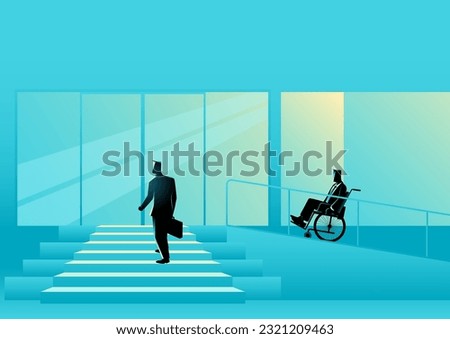 Businessman in wheelchair enters office via special ramps, office disability-friendly, building facility for disability, vector illustration
