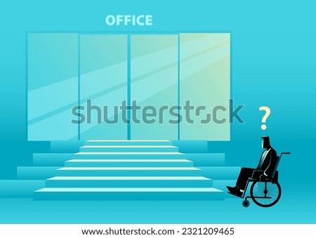 Businessman in a wheelchair was confused about how to enter the office because there are no special ramps for disability people, building facilities for disability, vector illustration
