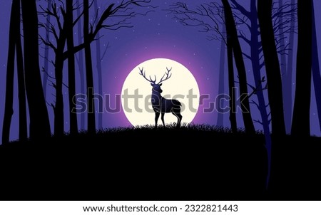 Beautiful scenery of a deer during full moon in the woods, vector illustration