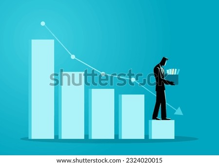 Business concept illustration of a businessman descending on the decreasing chart, getting layoff, bankruptcy concept