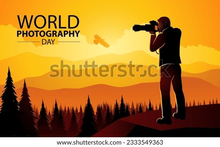 Photographer silhouette with telescopic lens takes a photograph of a beautiful mountain landscape, World Photography Day vector illustration