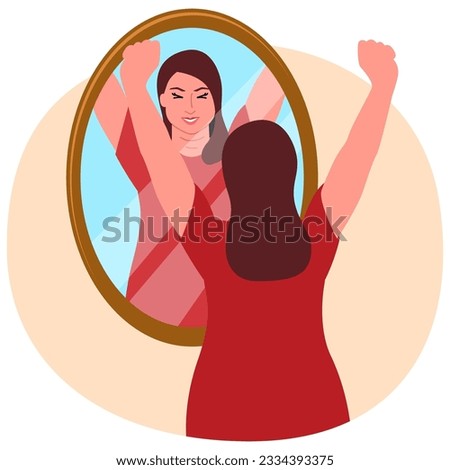 Clip art of a happy overweight young woman looking in the mirror, self love, body positive and acceptance, confident concept, vector illustration