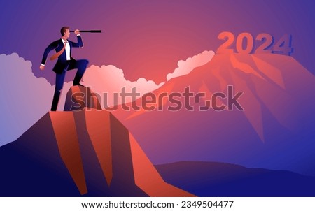 Businessman looking at the fuzziness of the year 2024 through telescope, forecast, prediction in business, vector illustration