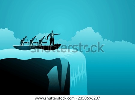 Struggling leader guides his subordinates toward a waterfall. This illustration highlights the poor leadership decisions