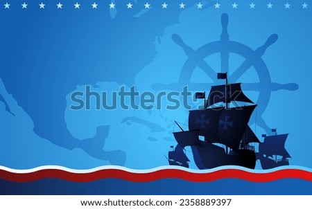 Columbus ship, La Santa Maria, Pinta and Nina sailing across the vast ocean on blue background. It symbolizes historical exploration and the spirit to discover new world