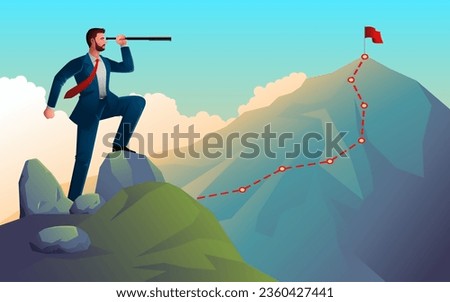 Businessman stands atop a rock, with a telescope, he gazes toward the towering summit of a mountain, symbolizing the strategic vision, meticulous planning, and forward-thinking required in business