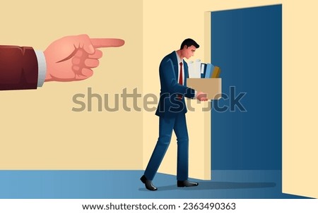 Disheartened businessman walks languidly, carrying a box filled with his personal belongings as he heads towards the door of uncertainty, symbolizing the challenging moment of being laid off from job