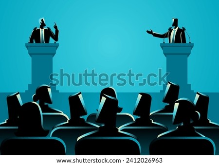 Vector illustration depicting two individuals engaged in a spirited debate on a podium, symbolizing the essence of dialogue, differing perspectives, and the vibrant exchange of ideas