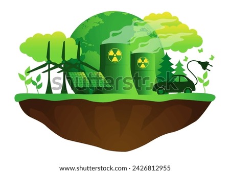 Eco friendly green energy icon. This graphic combines symbols of wind power, nuclear energy, and solar panels, representing a harmonious synergy towards sustainable solutions