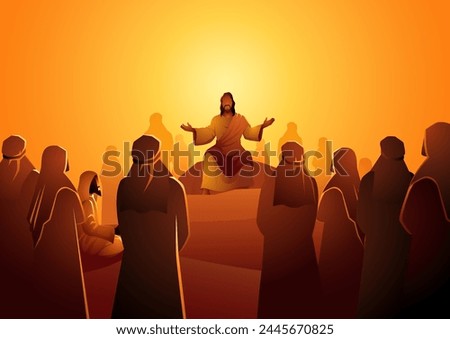 Biblical silhouette illustration series, Jesus sits atop a rock, surrounded by his followers, and gives wisdom and counsel in the peaceful outdoors