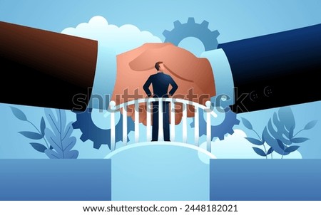 Businessman standing in the middle of a bridge, observing giant hands shaking, depiction the concept of a middleman or broker facilitating negotiations and bridging connections between parties
