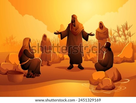 Biblical vector illustration series, Paul and his companions meet Lydia in Philippi while spreading Christ's message. Lydia converts and warmly hosts them and fellow believers