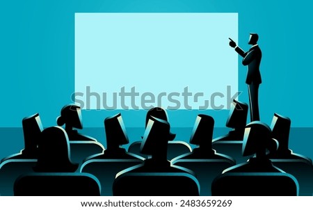 Businessman pointing at a whiteboard and speaking at a podium with an audience. For business presentations, corporate training, conferences, and seminars, themes of leadership and communication