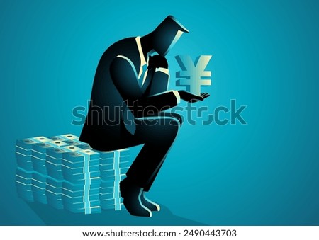 Businessman sits pensively on a pile of money, holding a yen symbol, symbolizing economic crisis and debt burden, highlights financial stress and monetary issues for financial and economic analysis