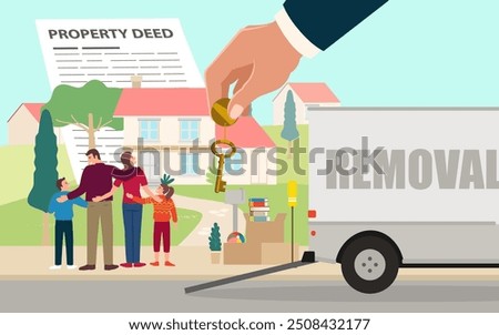 Simple flat cartoon illustration of a joyful family moving into a new house, with a giant hand giving them a golden key. The background features a deed, symbolizing homeownership