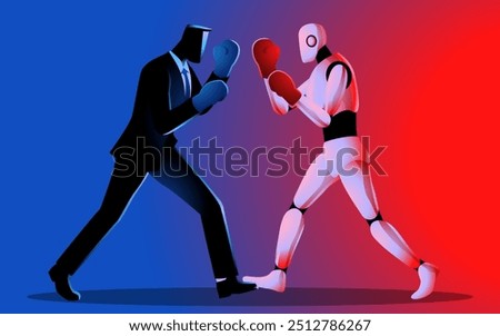 Businessmen facing off against a robot in a boxing match, Ideal for technology themed projects, captures the growing competition between humans and artificial intelligence