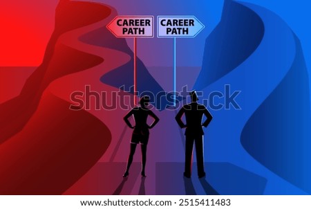 Fork in the road labeled Career Path. The road for women is depicted as winding and challenging, while the road for men appears smooth and direct. Symbolizes gender disparity and career obstacles