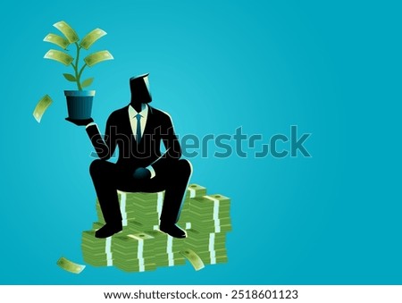 Businessman confidently sitting on a stack of money holding money plant, symbolizing wealth and financial success. Idea for investor, investment, business tycoon, or mogul