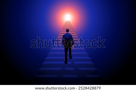 Businessman climbing stairs toward a brightly lit door in a dark room. Concepts of ambition, success, new opportunities, career growth, overcoming challenges, and reaching goals