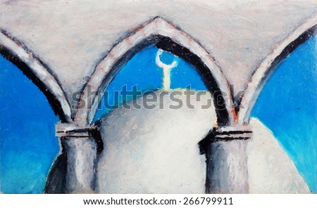 Original painting with oil pastel of middle east style architecture