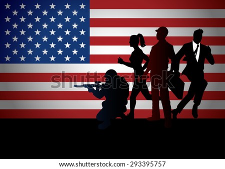 Silhouette of people with different profession against American flag
