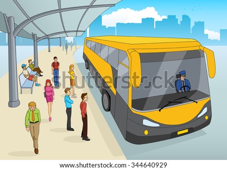 Cartoon illustration of a bus station