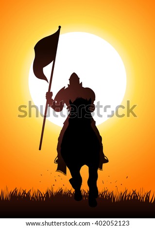 Silhouette of a medieval knight on horse carrying a flag