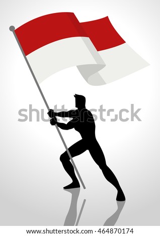 Silhouette illustration of a man holding the flag of Indonesia or Monaco, flag bearer, patriotism concept