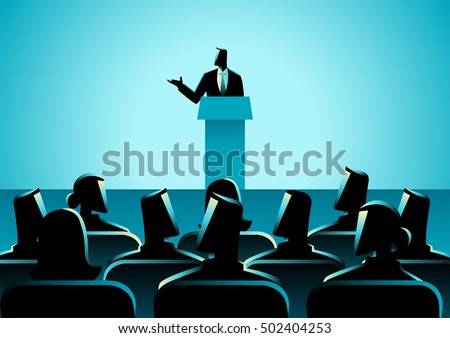 Business concept illustration of businessman giving a speech on stage. Audience, seminar, conference theme