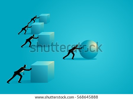 Business concept illustration of a businessman pushing a sphere leading the race against a group of slower businessmen pushing boxes. Winning strategy, efficiency, innovation in business concept